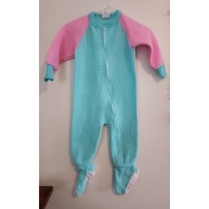 Vintage Colorblock Pink And Teal Kids One Piece Zip Up Pajamas Size 3T USA Made